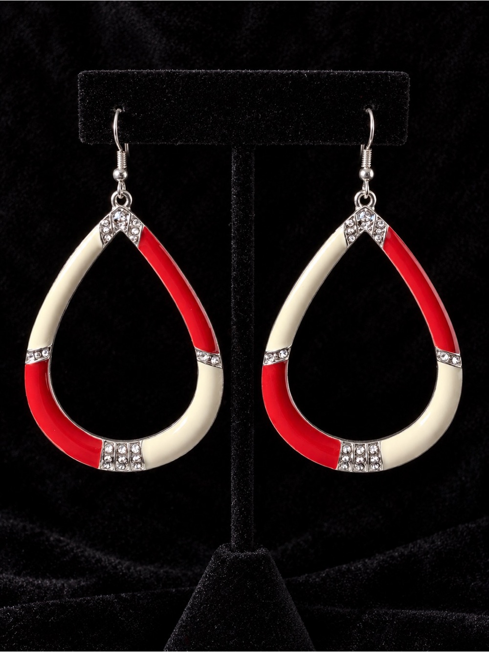 Red and Cream Teardrop Earrings with Silver Toned Accents